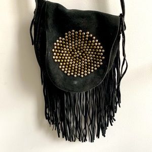 100% suede leather Steve Madden grunge fringe purse / satchel with gold studs